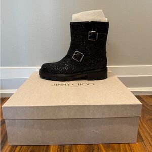 Brand new Jimmy Choo "Youth II" black glitter short moto boots